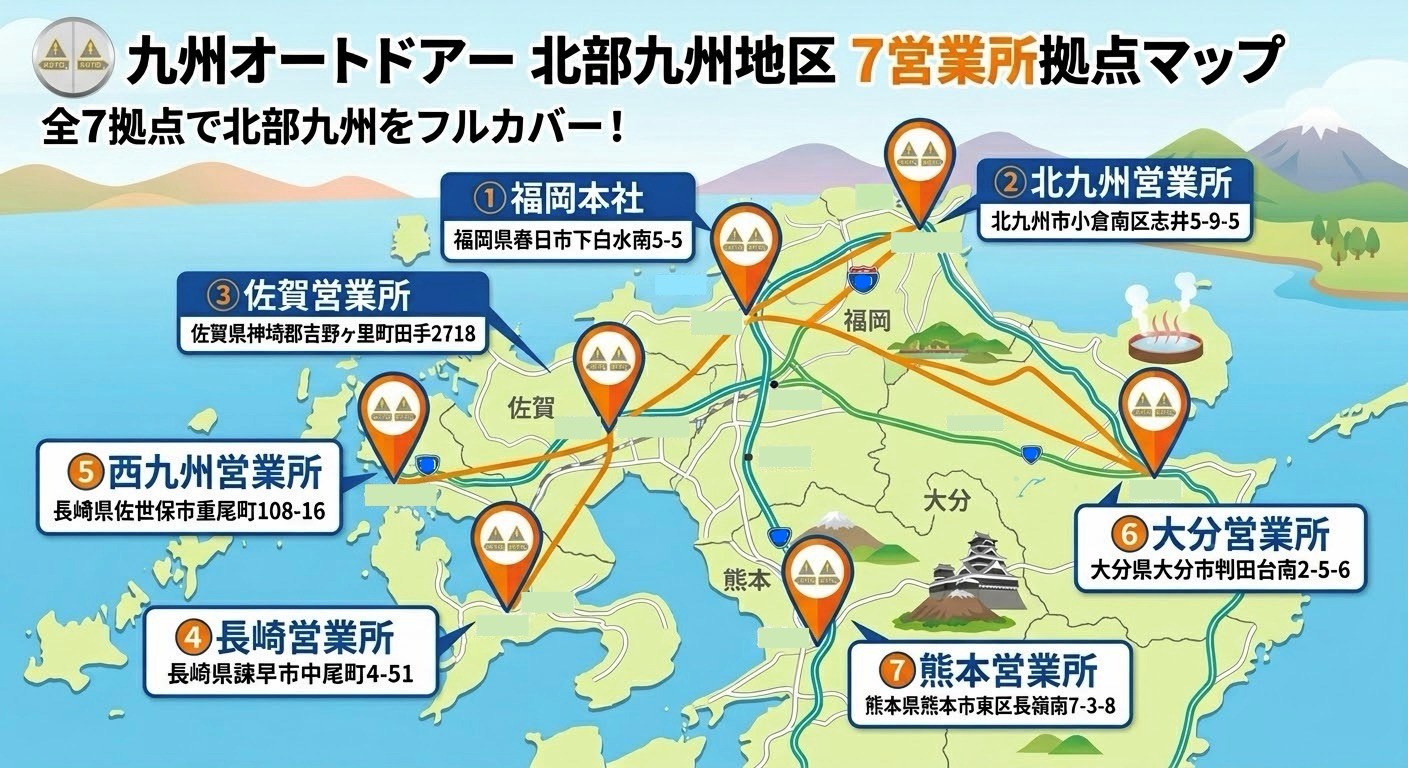 九州オートドアー 北部九州地区 7営業所拠点マップ